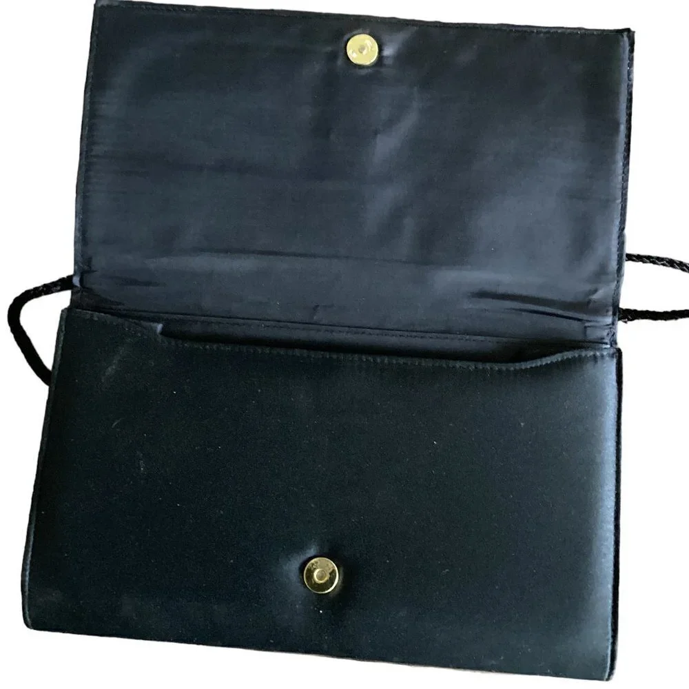 RR Rizman Ruzaini Black Satin Evening Purse Clutch Shoulder Bag Rhinestones 159N